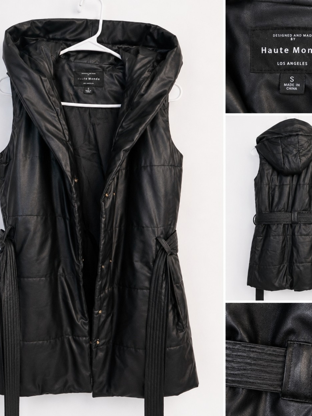 Haute Monde Black Hooded Quilted Faux-Leather Vest